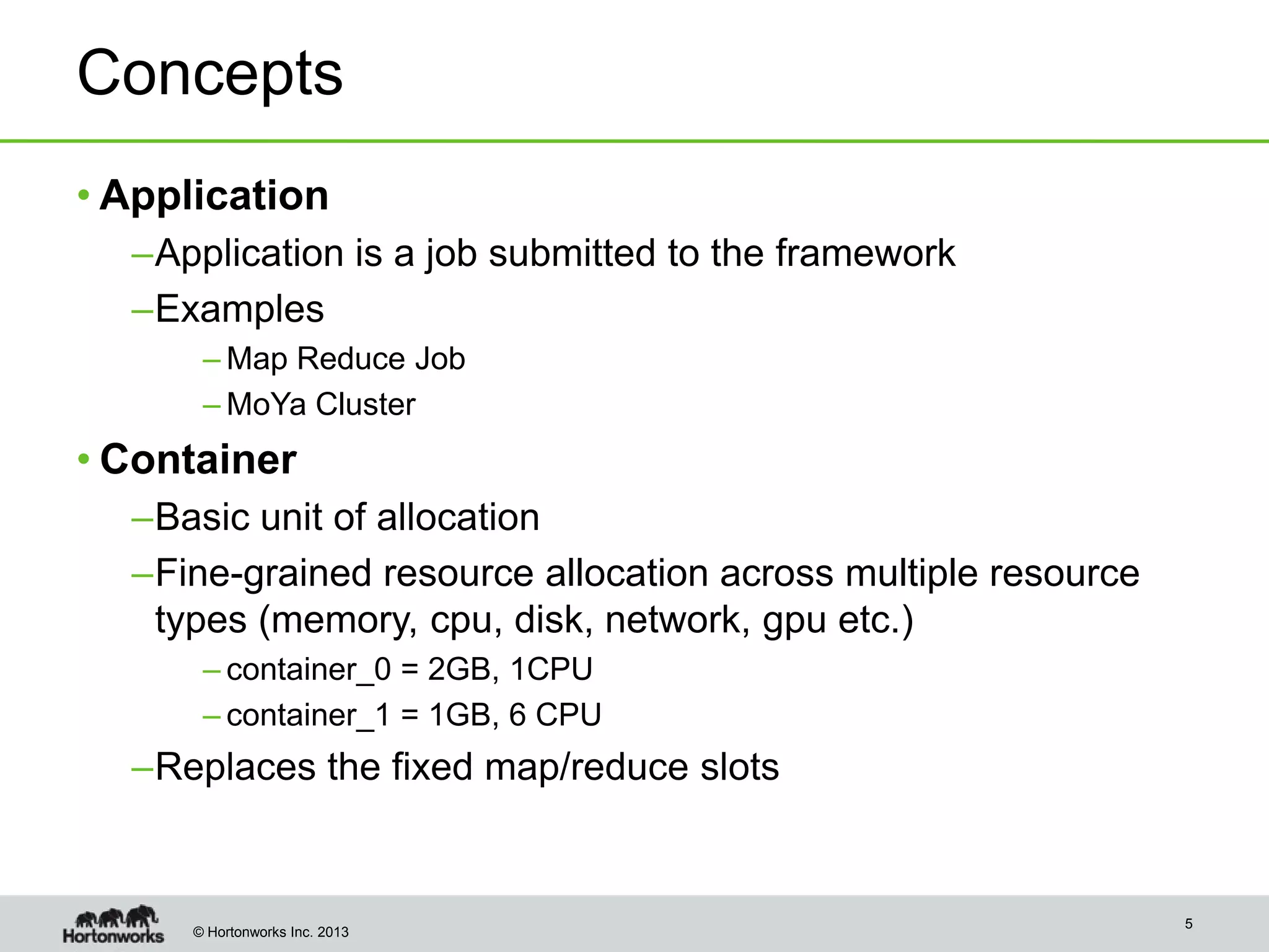 Concepts
• Application
–Application is a job submitted to the framework
–Examples
– Map Reduce Job
– MoYa Cluster

• Container
–Basic unit of allocation
–Fine-grained resource allocation across multiple resource
types (memory, cpu, disk, network, gpu etc.)
– container_0 = 2GB, 1CPU
– container_1 = 1GB, 6 CPU

–Replaces the fixed map/reduce slots

© Hortonworks Inc. 2013

5

 