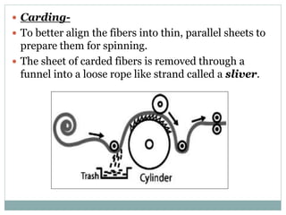 Carding-
 To better align the fibers into thin, parallel sheets to
prepare them for spinning.
 The sheet of carded fibers is removed through a
funnel into a loose rope like strand called a sliver.
 