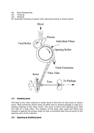 (4)    Fibre Reassembly
(5)    Twisting
(6)    Winding
An illustration showing a typical rotor spinning process is shown below:




(1)   Feeding Zone

The feed to the rotor machine is either done in the form of card sliver or drawn
sliver. Most commonly drawn sliver of either first or second passage is used as a
feeding material to the rotor frame. The sliver is fed to the opening zone with
the help of a feed roller. The rotation of the feed roller grips the fibres and
presses is against the presser plate so that a controlled feed may be given to the
opening zone of the machine.

(2)   Opening & Drafting Zone
 