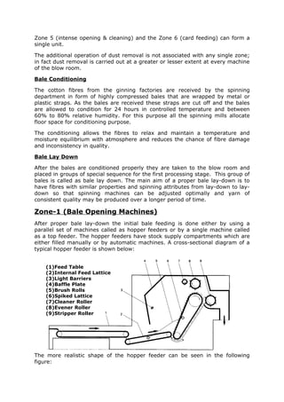 Zone 5 (intense opening & cleaning) and the Zone 6 (card feeding) can form a
single unit.

The additional operation of dust removal is not associated with any single zone;
in fact dust removal is carried out at a greater or lesser extent at every machine
of the blow room.

Bale Conditioning

The cotton fibres from the ginning factories are received by the spinning
department in form of highly compressed bales that are wrapped by metal or
plastic straps. As the bales are received these straps are cut off and the bales
are allowed to condition for 24 hours in controlled temperature and between
60% to 80% relative humidity. For this purpose all the spinning mills allocate
floor space for conditioning purpose.

The conditioning allows the fibres to relax and maintain a temperature and
moisture equilibrium with atmosphere and reduces the chance of fibre damage
and inconsistency in quality.

Bale Lay Down

After the bales are conditioned properly they are taken to the blow room and
placed in groups of special sequence for the first processing stage. This group of
bales is called as bale lay down. The main aim of a proper bale lay-down is to
have fibres with similar properties and spinning attributes from lay-down to lay-
down so that spinning machines can be adjusted optimally and yarn of
consistent quality may be produced over a longer period of time.

Zone-1 (Bale Opening Machines)
After proper bale lay-down the initial bale feeding is done either by using a
parallel set of machines called as hopper feeders or by a single machine called
as a top feeder. The hopper feeders have stock supply compartments which are
either filled manually or by automatic machines. A cross-sectional diagram of a
typical hopper feeder is shown below:


    (1)Feed Table
    (2)Internal Feed Lattice
    (3)Light Barriers
    (4)Baffle Plate
    (5)Brush Rolls
    (6)Spiked Lattice
    (7)Cleaner Roller
    (8)Evener Roller
    (9)Stripper Roller




The more realistic shape of the hopper feeder can be seen in the following
figure:
 