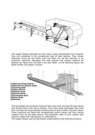 The hopper feeders although are still used in quite sophisticated form however
 they are considered to be conventional type of bale openers. They remain
 stationary while the raw fibres from the bales can be fed manually or by
 automatic machines. Nowadays the most popular and modern machine for
 feeding raw fibres from the bale is the top feeder. In the following Figure, the
 Rieter Unifloc Top Feeder is shown:




(1)Electrical Feed Cabinet
(2)Channel For Electric Cable
(3)Covering Belt
(4)Take-off Unit
(5)Swivel Tower
(6)Control Panel
(7)Evacuation Duct
(8)Drive Rails
(9)Chassis



 The top feeders are travelling machines that move over and past the bale layout
 and extract fibres from top to bottom. They have great advantage that more
 than one bale can be processed simultaneously to give a better long term blend.
 These machines are fitted with computerized control panels and they extract
 material from all the bales evenly. The production rates of such modern bale
 openers ranges from 750 kg/hour to 1000 kg/hour
 The hopper feeders and the top feeders should perform the following functions:
 