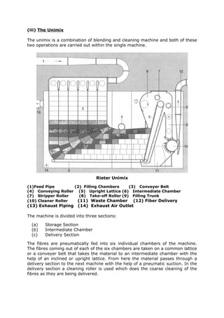 (iii) The Unimix

The unimix is a combination of blending and cleaning machine and both of these
two operations are carried out within the single machine.




                                 Rieter Unimix

(1)Feed Pipe        (2) Filling Chambers     (3) Conveyer Belt
(4) Conveying Roller (5) Upright Lattice (6) Intermediate Chamber
(7) Stripper Roller   (8) Take-off Roller (9) Filling Trunk
(10) Cleaner Roller  (11) Waste Chamber (12) Fiber Delivery
(13) Exhaust Piping     (14) Exhaust Air Outlet

The machine is divided into three sections:

  (a)   Storage Section
  (b)   Intermediate Chamber
  (c)   Delivery Section

The fibres are pneumatically fed into six individual chambers of the machine.
The fibres coming out of each of the six chambers are taken on a common lattice
or a conveyer belt that takes the material to an intermediate chamber with the
help of an inclined or upright lattice. From here the material passes through a
delivery section to the next machine with the help of a pneumatic suction. In the
delivery section a cleaning roller is used which does the coarse cleaning of the
fibres as they are being delivered.
 