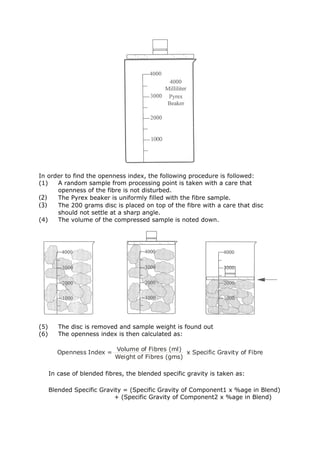 In order to find the openness index, the following procedure is followed:
(1)   A random sample from processing point is taken with a care that
      openness of the fibre is not disturbed.
(2)   The Pyrex beaker is uniformly filled with the fibre sample.
(3)   The 200 grams disc is placed on top of the fibre with a care that disc
      should not settle at a sharp angle.
(4)   The volume of the compressed sample is noted down.




(5)      The disc is removed and sample weight is found out
(6)      The openness index is then calculated as:

                             Volume of Fibres (ml)
         Openness Index =                           x Specific Gravity of Fibre
                             Weight of Fibres (gms)

      In case of blended fibres, the blended specific gravity is taken as:

      Blended Specific Gravity = (Specific Gravity of Component1 x %age in Blend)
                            + (Specific Gravity of Component2 x %age in Blend)
 