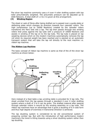 The sliver lap machine commonly uses a 4 over 4 roller drafting system with top
roller pneumatically weighted. The pneumatic pressure can be adjusted up to
1600 Netwons. A total draft of 1.3 to 3 is given at this arrangement.
(3)    Winding Region

The sheet or web of fibres after being drafted out is passed over a guide plate or
deflecting plate which changes its direction towards four calender rollers. The
high compression (up to 16000 Newtons) created by the calneder rollers
transforms the fibre web into a lap. The lap then passes through two winding
rollers that press against the lap tube with a pressure of 10000 Newtons and
assists in winding of the lap on to the lap tube. The lap tube is placed on lap
weighing devices which on the modern machines automatically removes the lap
roll when its required weight has been reached and is ejected on an automatic
transport system that will take the lap roll directly to the next machine i.e.
ribbon lap machine.

The Ribbon Lap Machine

The basic concept of ribbon lap machine is same as that of the of the sliver lap
machine as shown below:


                 Lap Roll



                   Drafting
                 Arrangement

                               Deflecting      Unrolling
                                 Plate          Table




                                                                     Lap Roll




Here instead of a feed table a lap unrolling table is provided for 6 lap rolls. The
sheet unrolled from the lap passes through a standard 4 over 4 roller drafting
system where a draft of 3 to 6 can be given. The drafted material after passing
through calender rollers is wound by the winding assembly on a lap tube. The
ribbon lap machines have an advantage that it gives a doubling of 6 in web form
and thus high degree of evenness in transverse direction is achieved.

The lap doubling system is considered to be old conventional system of
preparing comber lap. But with the introduction of high performance modern
machinery the trend is tilting towards using a sliver doubling system rather than
lap doubling.
 