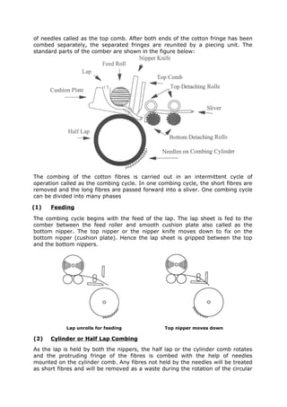 of needles called as the top comb. After both ends of the cotton fringe has been
combed separately, the separated fringes are reunited by a piecing unit. The
standard parts of the comber are shown in the figure below:




The combing of the cotton fibres is carried out in an intermittent cycle of
operation called as the combing cycle. In one combing cycle, the short fibres are
removed and the long fibres are passed forward into a sliver. One combing cycle
can be divided into many phases

(1)   Feeding

The combing cycle begins with the feed of the lap. The lap sheet is fed to    the
comber between the feed roller and smooth cushion plate also called as        the
bottom nipper. The top nipper or the nipper knife moves down to fix on        the
bottom nipper (cushion plate). Hence the lap sheet is gripped between the     top
and the bottom nippers.




            Lap unrolls for feeding              Top nipper moves down

(2)   Cylinder or Half Lap Combing
As the lap is held by both the nippers, the half lap or the cylinder comb rotates
and the protruding fringe of the fibres is combed with the help of needles
mounted on the cylinder comb. Any fibres not held by the needles will be treated
as short fibres and will be removed as a waste during the rotation of the circular
 