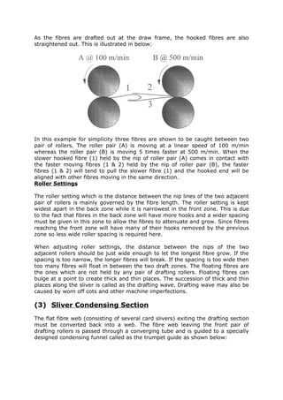 As the fibres are drafted out at the draw frame, the hooked fibres are also
straightened out. This is illustrated in below:




In this example for simplicity three fibres are shown to be caught between two
pair of rollers. The roller pair (A) is moving at a linear speed of 100 m/min
whereas the roller pair (B) is moving 5 times faster at 500 m/min. When the
slower hooked fibre (1) held by the nip of roller pair (A) comes in contact with
the faster moving fibres (1 & 2) held by the nip of roller pair (B), the faster
fibres (1 & 2) will tend to pull the slower fibre (1) and the hooked end will be
aligned with other fibres moving in the same direction.
Roller Settings

The roller setting which is the distance between the nip lines of the two adjacent
pair of rollers is mainly governed by the fibre length. The roller setting is kept
widest apart in the back zone while it is narrowest in the front zone. This is due
to the fact that fibres in the back zone will have more hooks and a wider spacing
must be given in this zone to allow the fibres to attenuate and grow. Since fibres
reaching the front zone will have many of their hooks removed by the previous
zone so less wide roller spacing is required here.

When adjusting roller settings, the distance between the nips of the two
adjacent rollers should be just wide enough to let the longest fibre grow. If the
spacing is too narrow, the longer fibres will break. If the spacing is too wide then
too many fibres will float in between the two draft zones. The floating fibres are
the ones which are not held by any pair of drafting rollers. Floating fibres can
bulge at a point to create thick and thin places. The succession of thick and thin
places along the sliver is called as the drafting wave. Drafting wave may also be
caused by worn off cots and other machine imperfections.

(3) Sliver Condensing Section
The flat fibre web (consisting of several card slivers) exiting the drafting section
must be converted back into a web. The fibre web leaving the front pair of
drafting rollers is passed through a converging tube and is guided to a specially
designed condensing funnel called as the trumpet guide as shown below:
 