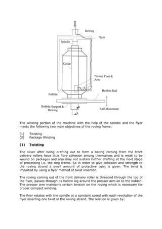 The winding portion of the machine with the help of the spindle and the flyer
meets the following two main objectives of the roving frame:

(1)   Twisting
(2)   Package Winding

(1)   Twisting

The sliver after being drafting out to form a roving coming from the front
delivery rollers have little fibre cohesion among themselves and is weak to be
wound on packages and also may not sustain further drafting at the next stage
of processing i.e. the ring frame. So in order to give cohesion and strength to
the roving strand a small amount of protective twist is given. The twist is
imparted by using a flyer method of twist insertion.

The roving coming out of the front delivery roller is threaded through the top of
the flyer, passes through its hollow leg around the presser arm on to the bobbin.
The presser arm maintains certain tension on the roving which is necessary for
proper compact winding.

The flyer rotates with the spindle at a constant speed with each revolution of the
flyer inserting one twist in the roving strand. The relation is given by:
 