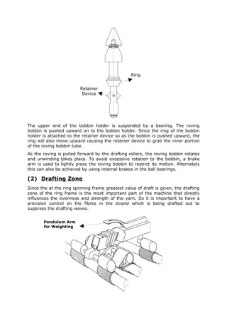 Ring


                         Retainer
                          Device




The upper end of the bobbin holder is suspended by a bearing. The roving
bobbin is pushed upward on to the bobbin holder. Since the ring of the bobbin
holder is attached to the retainer device so as the bobbin is pushed upward, the
ring will also move upward causing the retainer device to grab the inner portion
of the roving bobbin tube.
As the roving is pulled forward by the drafting rollers, the roving bobbin rotates
and unwinding takes place. To avoid excessive rotation to the bobbin, a brake
arm is used to lightly press the roving bobbin to restrict its motion. Alternately
this can also be achieved by using internal brakes in the ball bearings.

(2) Drafting Zone
Since the at the ring spinning frame greatest value of draft is given, the drafting
zone of the ring frame is the most important part of the machine that directly
influences the evenness and strength of the yarn. So it is important to have a
precision control on the fibres in the strand which is being drafted out to
suppress the drafting waves.


       Pendulum Arm
       for Weighting
 