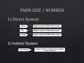 Weight in grams of 9000 meters of yarnDenier
Tex
Decitex
Weight in grams of 1000 meters of yarn
Weight in grams of 10000 meters of yarn
2) Indirect System
Yarn count (s) Length in hank of 1 pound of yarn (weighs)
1 hank = 840 yards