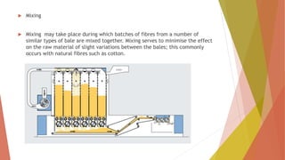  Mixing
 Mixing may take place during which batches of fibres from a number of
similar types of bale are mixed together. Mixing serves to minimise the effect
on the raw material of slight variations between the bales; this commonly
occurs with natural fibres such as cotton.
 