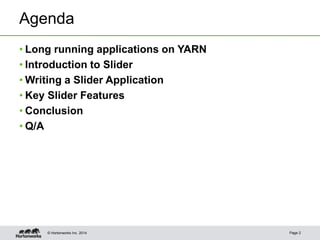 © Hortonworks Inc. 2014
Agenda
• Long running applications on YARN
• Introduction to Slider
• Writing a Slider Application...
