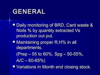 GENERALGENERAL
 Daily monitoring of BRD, Card waste &Daily monitoring of BRD, Card waste &
Noils % by quantity extracted VsNoils % by quantity extracted Vs
production out put.production out put.
 Maintaining proper R.H% in allMaintaining proper R.H% in all
departments.departments.
(Prep – 55 to 60%, Spg – 50-55%,(Prep – 55 to 60%, Spg – 50-55%,
A/C – 60-65%)A/C – 60-65%)
 Variations in Month end closing stock.Variations in Month end closing stock.
 