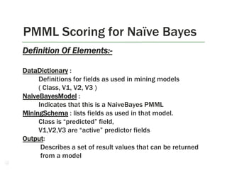 PMML Scoring for Naïve Bayes
Definition Of Elements:DataDictionary :
Definitions for fields as used in mining models
( Class, V1, V2, V3 )
NaiveBayesModel :
Indicates that this is a NaiveBayes PMML
MiningSchema : lists fields as used in that model.
Class is “predicted” field,
V1,V2,V3 are “active” predictor fields
Output:
Describes a set of result values that can be returned
from a model
19

 