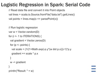 Logistic Regression in Spark: Serial Code
// Read data file and convert it into Point objects
val lines = scala.io.Source.fromFile("data.txt").getLines()
val points = lines.map(x => parsePoint(x))
// Run logistic regression

var w = Vector.random(D)
for (i <- 1 to ITERATIONS) {
val gradient = Vector.zeros(D)

for (p <- points) {
val scale = (1/(1+Math.exp(-p.y*(w dot p.x)))-1)*p.y
gradient += scale * p.x

}
w -= gradient
}

println("Result: " + w)

 