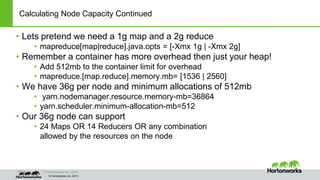 Page © Hortonworks Inc. 2014
© Hortonworks Inc. 2013
Calculating Node Capacity Continued
• Lets pretend we need a 1g map and a 2g reduce
• mapreduce[map|reduce].java.opts = [-Xmx 1g | -Xmx 2g]
• Remember a container has more overhead then just your heap!
• Add 512mb to the container limit for overhead
• mapreduce.[map.reduce].memory.mb= [1536 | 2560]
• We have 36g per node and minimum allocations of 512mb
• yarn.nodemanager.resource.memory-mb=36864
• yarn.scheduler.minimum-allocation-mb=512
• Our 36g node can support
• 24 Maps OR 14 Reducers OR any combination
allowed by the resources on the node
 