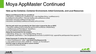 Page © Hortonworks Inc. 2014
//Setup Local Resources like our runnable jar
1.Map<String, LocalResource> localResources = new HashMap<String, LocalResource>();
2.LocalResource libsJarRsrc = Records.newRecord(LocalResource.class);
3.libsJarRsrc.setType(LocalResourceType.FILE);
4.libsJarRsrc.setVisibility(LocalResourceVisibility.APPLICATION);
//Get the path which was provided by the Client when it placed the libs on HDFS
1. libsJarRsrc.setResource(ConverterUtils.getYarnUrlFromURI(new URI(libsPath)));
2. localResources.put("Runnable.jar", libsJarRsrc);
3. ctx.setLocalResources(localResources);
//Setup the environment for the container.
1. Map<String, String> env = new HashMap<String, String>();
2.StringBuilder classPathEnv = new StringBuilder(Environment.CLASSPATH.$()) .append(File.pathSeparatorChar).append("./*");
//Initial Commands To startup the runnable jar
1. Vector<CharSequence> vargs = new Vector<CharSequence>(5);
2. vargs.add(Environment.JAVA_HOME.$() + "/bin/java -jar Runnable.jar”)
//Convert vargs to string and add to Launch Context
1. ctx.setCommands(commands);
Moya AppMaster Continued
•Sets up the Container, Container Environment, Initial Commands, and Local Resources
 