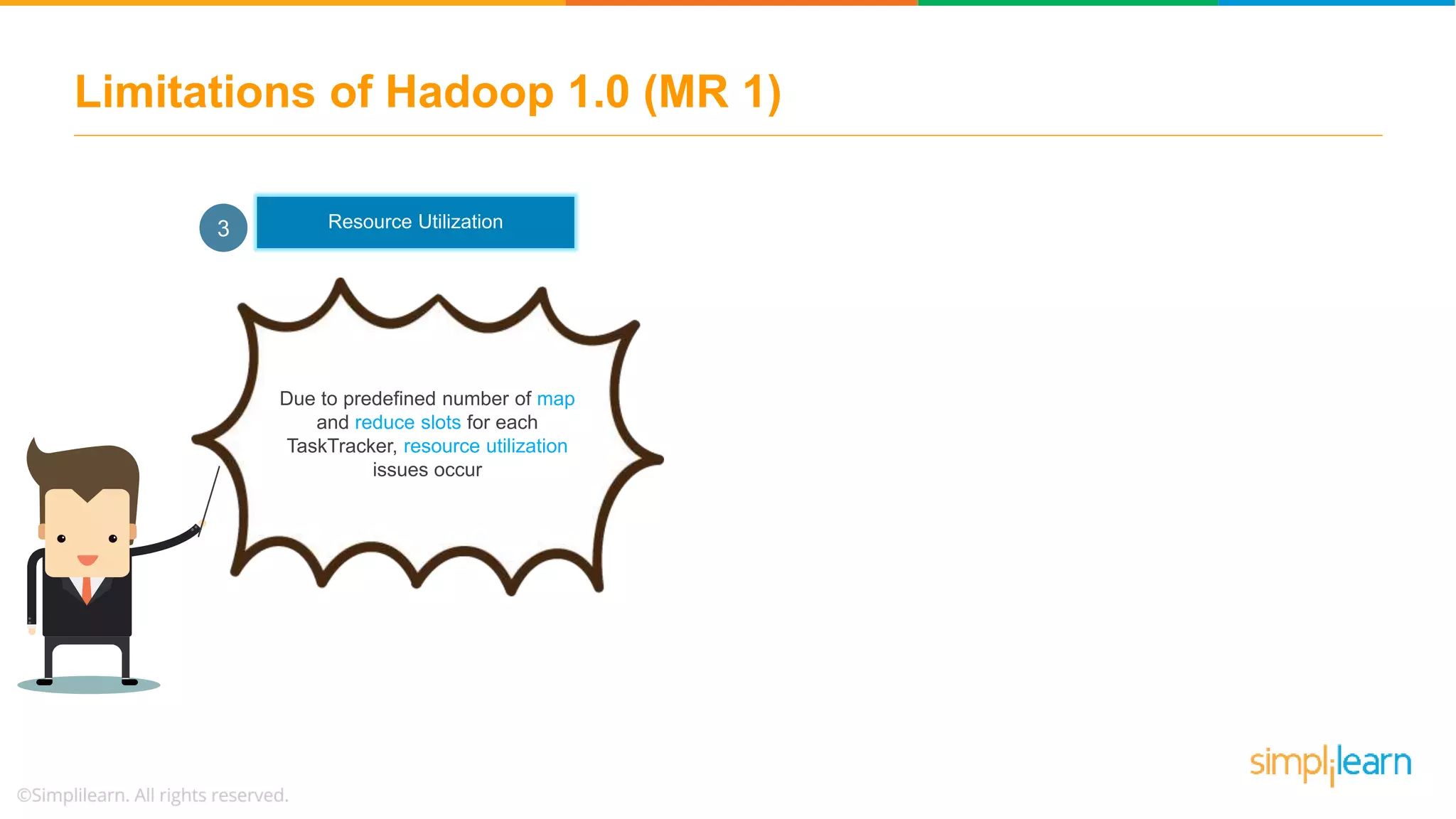 Limitations of Hadoop 1.0 (MR 1)
Due to predefined number of map
and reduce slots for each
TaskTracker, resource utilization
issues occur
Resource Utilization3
 