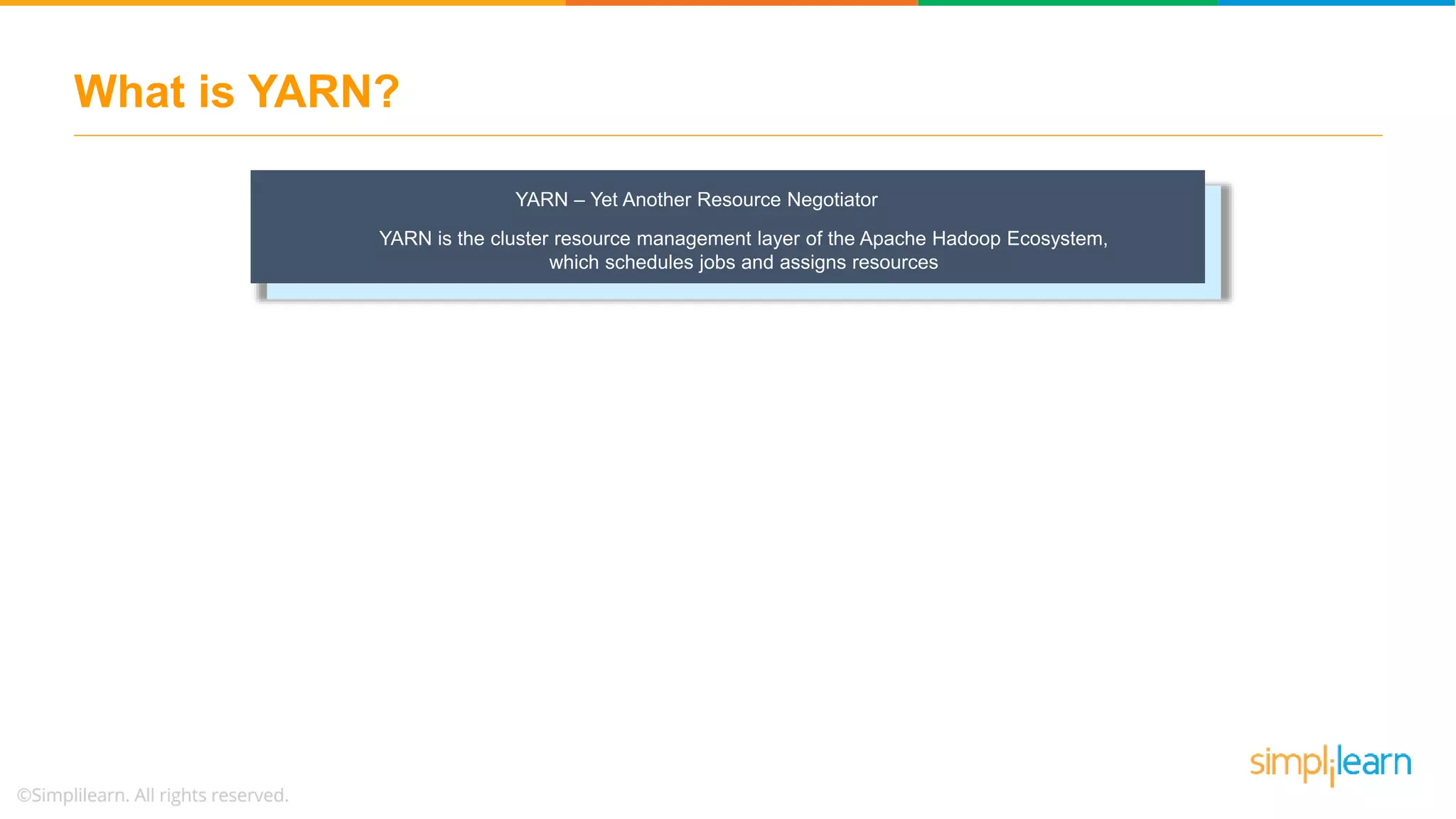 What is YARN?
YARN – Yet Another Resource Negotiator
YARN is the cluster resource management layer of the Apache Hadoop Ecosystem,
which schedules jobs and assigns resources
 