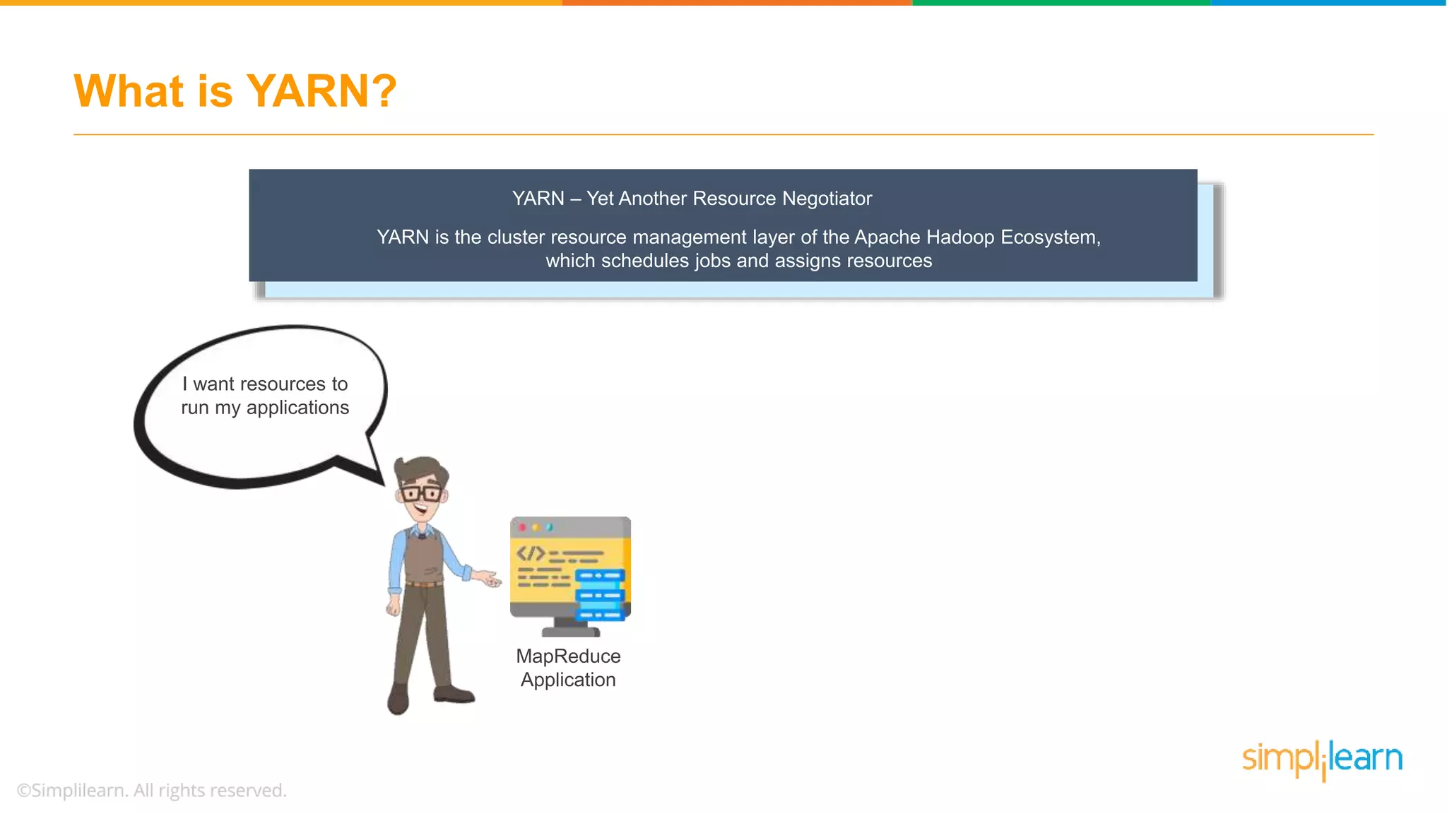 What is YARN?
YARN – Yet Another Resource Negotiator
I want resources to
run my applications
MapReduce
Application
YARN is the cluster resource management layer of the Apache Hadoop Ecosystem,
which schedules jobs and assigns resources
 
