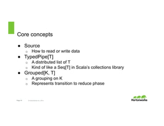 Core concepts 
● Source 
o How to read or write data 
● TypedPipe[T] 
o A distributed list of T 
o Kind of like a Seq[T] in Scala’s collections library 
● Grouped[K, T] 
o A grouping on K 
o Represents transition to reduce phase 
Page 16 © Hortonworks Inc. 2014 
 