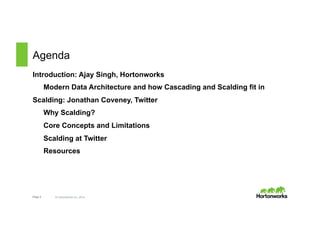 Agenda 
Introduction: Ajay Singh, Hortonworks 
Modern Data Architecture and how Cascading and Scalding fit in 
Scalding: Jonathan Coveney, Twitter 
Why Scalding? 
Core Concepts and Limitations 
Scalding at Twitter 
Resources 
Page 2 © Hortonworks Inc. 2014 
 