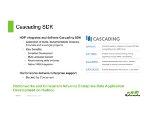 Cascading SDK 
HDP Integrates and delivers Cascading SDK 
• Collection of tools, documentation, libraries, 
tutorials and example projects 
• Key Benefits 
• Simplified Development 
• Multi Language Support 
• Reuse existing skills and tools 
• Native YARN Integration 
Hortonworks delivers Enterprise support 
• Backed by Concurrent 
Hortonworks and Concurrent Advance Enterprise Data Application 
Development on Hadoop 
Page 6 © Hortonworks Inc. 2014 
 