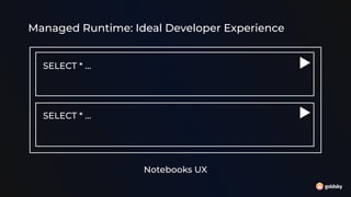 Managed Runtime: Ideal Developer Experience
Notebooks UX
SELECT * …
SELECT * …
 