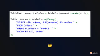 🤔
TableEnvironment tableEnv = TableEnvironment.create(/*…*/);
Table revenue = tableEnv.sqlQuery(
"SELECT cID, cName, SUM(revenue) AS revSum " +
"FROM Orders " +
"WHERE cCountry = 'FRANCE' " +
"GROUP BY cID, cName"
);
 