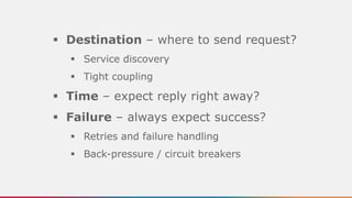§ Destination – where to send request?
§ Service discovery
§ Tight coupling
§ Time – expect reply right away?
§ Failure – always expect success?
§ Retries and failure handling
§ Back-pressure / circuit breakers
 
