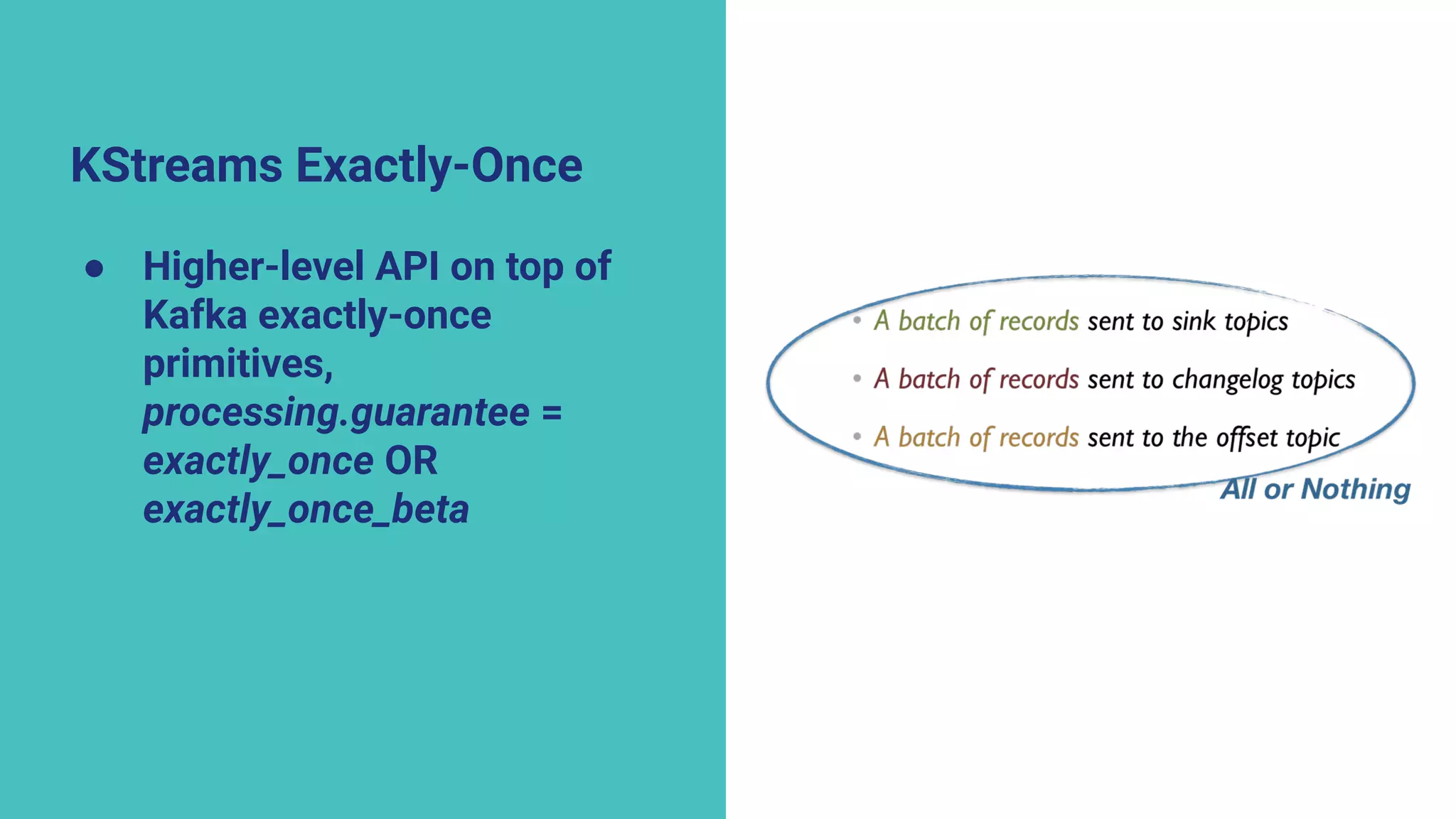 KStreams Exactly-Once
● Higher-level API on top of
Kafka exactly-once
primitives,
processing.guarantee =
exactly_once OR
exactly_once_beta
 