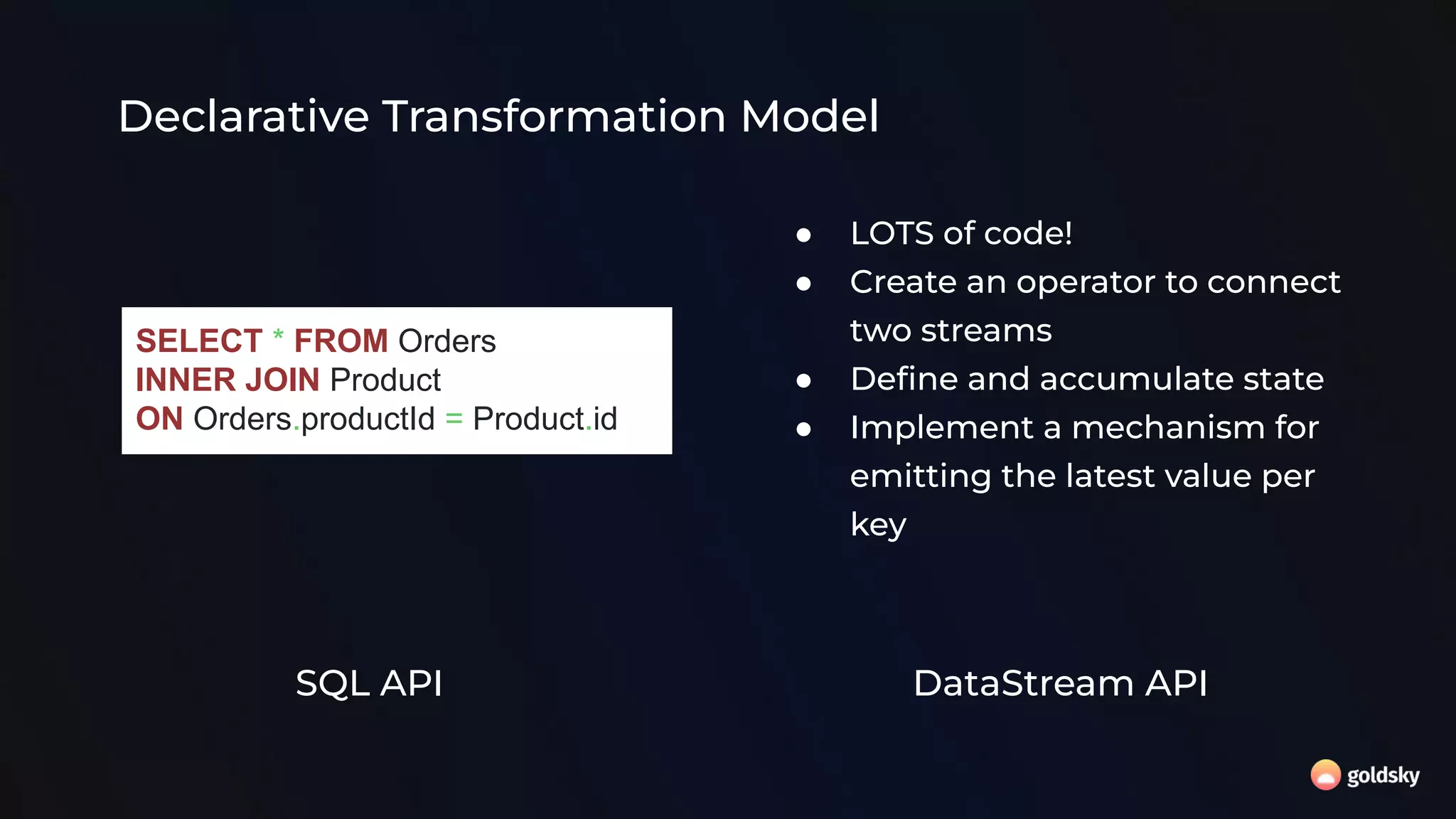 SELECT * FROM Orders
INNER JOIN Product
ON Orders.productId = Product.id
● LOTS of code!
● Create an operator to connect
two streams
● Deﬁne and accumulate state
● Implement a mechanism for
emitting the latest value per
key
SQL API DataStream API
Declarative Transformation Model
 