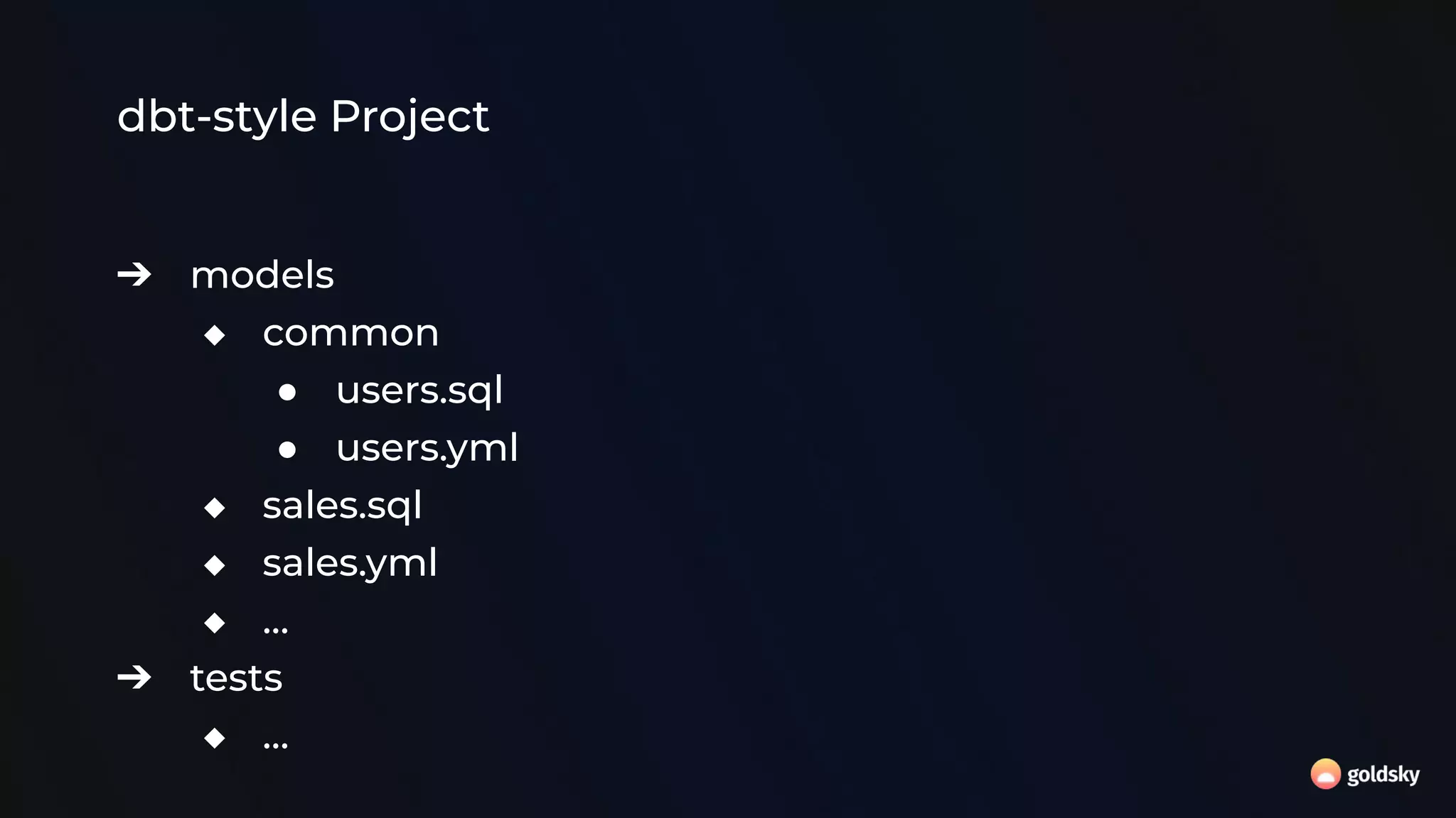 dbt-style Project
➔ models
◆ common
● users.sql
● users.yml
◆ sales.sql
◆ sales.yml
◆ …
➔ tests
◆ …
 