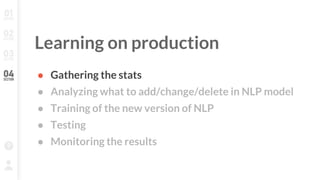 ● Gathering the stats
● Analyzing what to add/change/delete in NLP model
● Training of the new version of NLP
● Testing
● ...