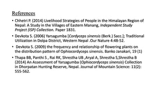 References
• Chhetri P. (2014) Livelihood Strategies of People in the Himalayan Region of
Nepal: A Study in the Villages of Eastern Manang, Independent Study
Project (ISP) Collection. Paper 1831.
• Devkota S. (2006) Yarsagumba [Cordyceps sinensis (Berk.) Sacc.]; Traditional
Utilization in Dolpa District, Western Nepal .Our Nature 4:48-52.
• Devkota S. (2009) the frequency and relationship of flowering plants on
the distribution pattern of Ophiocordyceps sinensis. Banko Janakari, 19 (1)
• Thapa BB, Panthi S , Rai RK, Shrestha UB ,Aryal A, Shrestha S,Shrestha B
(2014) An Assessment of Yarsagumba (Ophiocordyceps sinensis) Collection
in Dhorpatan Hunting Reserve, Nepal. Journal of Mountain Science: 11(2):
555-562.
 