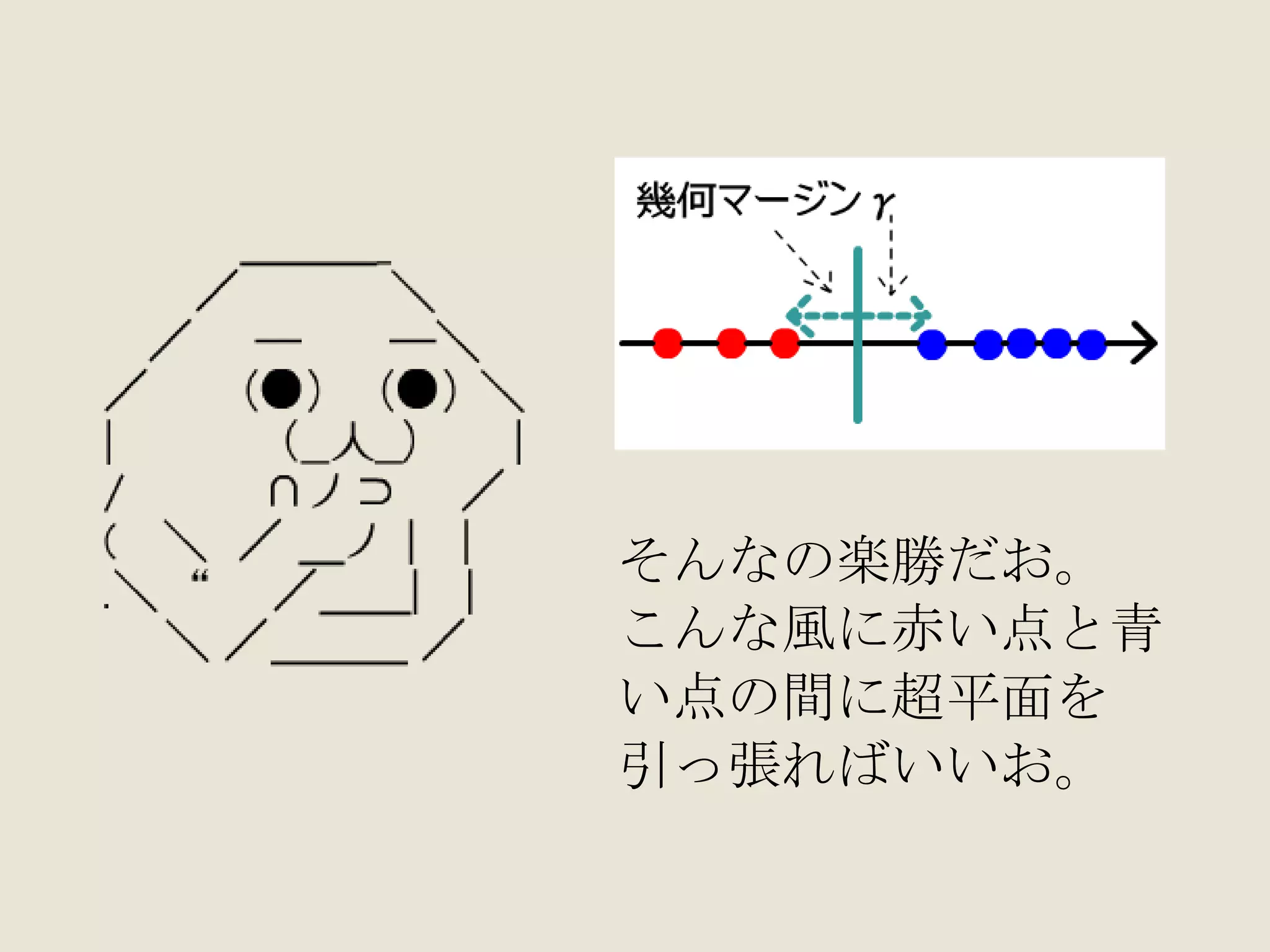 そんなの楽勝だお。 こんな風に赤い点と青 い点の間に超平面を 引っ張ればいいお。 