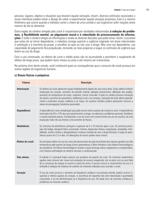 Unidade 5 O que são as drogas?	 103
pessoas, lugares, objetos e situações que levaram àquela sensação. Assim, diversos estímulos associados a
essas memórias podem ativar o desejo de voltar a experimentar aquela situação prazerosa. Este é o mesmo
fenômeno que ocorre quando o indivíduo sente o cheiro de uma comida e seu organismo sofre reações antes
mesmo de ele se alimentar.
Outra região do cérebro atingida pelo crack é responsável por atividades relacionadas à solução de proble-
mas, à flexibilidade mental, ao julgamento moral e à velocidade de processamento de informa-
ções. É onde o cérebro integra as informações e avalia as diversas decisões que pode tomar. Assim, é possível
que antes de se tornar dependente, o indivíduo consiga suprimir a urgência originada nas áreas relacionadas
à satisfação e à memória do prazer, e escolher se quer ou não usar a droga. Mas uma vez dependente, sua
capacidade de julgamento fica prejudicada, tornando-se mais propenso a seguir os estímulos de urgência que
levam ao uso da droga.
Com o uso continuado, os efeitos de curto e médio prazo vão se acumulando e permitem o surgimento de
efeitos de longo prazo, que podem durar meses ou anos e até mesmo ser irreversíveis.
No próximo item deste estudo, você conhecerá quais as consequências que o consumo de crack provoca em
outras regiões do organismo humano.
c) Danos físicos e psíquicos
Fatores Descrição
Intoxicação Os efeitos do crack aparecem quase imediatamente depois de uma única dose. Esses efeitos incluem
aceleração do coração, aumento da pressão arterial, agitação psicomotora, dilatação das pupilas,
aumento da temperatura do corpo, sudorese, tremor muscular. A ação no cérebro provoca sensação
de euforia, aumento da autoestima, indiferença à dor e ao cansaço, sensação de estar alerta especial-
mente a estímulos visuais, auditivos e ao toque. Os usuários também podem apresentar tonturas e
ideias de perseguição (síndrome paranoide).
Dependência A dependência é uma complicação que pode ocorrer entre usuários de cocaína e crack. A dependência
estimada é de 5% a 12% dos que experimentam a droga, se relaciona a problemas pessoais, familiares
e sociais bastante graves. Comparando o uso de crack com outras formas de uso da cocaína, há uma
proporção maior de uso intenso e de aumento da fissura.
Abstinência Os sintomas de abstinência começam a aparecer de 5 a 10 minutos após o uso. Os sintomas princi-
pais são fadiga, desgaste físico, prostração, tristeza, depressão intensa, inquietação, ansiedade, irrita-
bilidade, sonhos vívidos e desagradáveis e intensa vontade de usar a droga (fissura). O auge da absti-
nência ocorre em 2 a 4 dias. As alterações do humor podem durar meses.
Efeitos do crack Os principais efeitos do uso do crack são decorrentes da ação local direta dos vapores gerados em alta
temperatura pela queima da droga (como queimaduras e olhos irritados) e dos efeitos farmacológicos
da substância. Os efeitos farmacológicos incluem a ação da droga sobre a dopamina e a noradrenalina,
com intensa estimulação do sistema nervoso e cardiovascular.
Vias aéreas O pulmão é o principal órgão exposto aos produtos da queima do crack. Os sintomas respiratórios
agudos mais comuns são: tosse com produção de escarro enegrecido, dor no peito com ou sem falta
de ar, presença de sangue no escarro e piora de asma. O escarro escuro é característico do uso e é
atribuído à inalação de resíduos de carbono de materiais utilizados para acender o crack.
Coração O uso do crack provoca o aumento da frequência cardíaca e da pressão arterial; podem ocorrer is-
quemias e infartos agudos do coração. A ocorrência de isquemia não está relacionada à quantidade
consumida, à via de administração ou à frequência de uso. Há ainda risco de arritmias cardíacas e
problemas no músculo cardíaco.
 