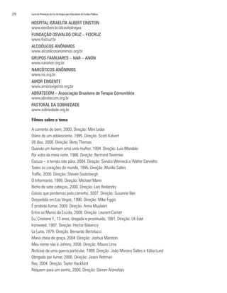 270	 Curso de Prevenção do Uso de Drogas para Educadores de Escolas Públicas
HOSPITAL ISRAELITA ALBERT EINSTEIN
www.einstein.br/alcooledrogas
FUNDAÇÃO OSWALDO CRUZ – FIOCRUZ
www.fiocruz.br
ALCOÓLICOS ANÔNIMOS
www.alcoolicosanonimos.org.br
GRUPOS FAMILIARES – NAR – ANON
www.naranon.org.br
NARCÓTICOS ANÔNIMOS
www.na.org.br
AMOR EXIGENTE
www.amorexigente.org.br
ABRATECOM – Associação Brasileira de Terapia Comunitária
www.abratecom.org.br
PASTORAL DA SOBRIEDADE
www.sobriedade.org.br
Filmes sobre o tema
A corrente do bem, 2000. Direção: Mini Leder
Diário de um adolescente, 1995. Direção: Scott Kalvert
28 dias, 2000. Direção: Betty Thomas
Quando um homem ama uma mulher, 1994. Direção: Luis Mandoki
Por volta da meia noite, 1986. Direção: Bertrand Tavernier
Cazuza – o tempo não pára, 2004. Direção: Sandra Werneck e Walter Carvalho
Todos os corações do mundo, 1995. Direção: Murillo Salles
Traffic, 2000. Direção: Steven Soderbergh
O Informante, 1999. Direção: Michael Mann
Bicho de sete cabeças, 2000. Direção: Laís Bodanzky
Coisas que perdemos pelo caminho, 2007. Direção: Susanne Bier
Despedida em Las Vegas, 1996. Direção: Mike Figgis
É proibido fumar, 2009. Direção: Anna Muylaert
Entre os Muros da Escola, 2008. Direção: Laurent Cantet
Eu, Cristiane F., 13 anos, drogada e prostituída, 1981. Direção: Uli Edel
Ironweed, 1987. Direção: Hector Babenco
La Luna, 1979. Direção: Bernardo Bertolucci
Maria cheia de graça, 2004. Direção: Joshua Marston
Meu nome não é Johnny, 2008. Direção: Mauro Lima
Notícias de uma guerra particular, 1999. Direção: João Moreira Salles e Kátia Lund
Obrigado por fumar, 2006. Direção: Jason Reitman
Ray, 2004. Direção: Taylor Hackford
Réquiem para um sonho, 2000. Direção: Darren Aronofsky
 