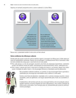 40	 Módulo 1 O educando como sujeito em desenvolvimento:família,escola e políticas públicas
Vejamos um exemplo comparativo entre a cultura ocidental e a cultura Manu.
Nesse caso, a puberdade também é vista como um fato cultural.
Outras evidências das diferenças culturais
Grande parte dos grupos sociais de culturas distintas registra a passagem da infância para a idade adulta por
meio de manifestações cerimoniais. Nesses ritos de passagem, o amadurecimento físico é associado à ideia
de morte simbólica da criança para o nascimento de um novo adulto.
ƒƒ Para cada pessoa, os ritos de passagem assumem uma forma de preparação (quarentenas, isolamento
social) e de desfecho (rituais de suplício, dramatização da morte/renascimento, festas, celebrações etc.).
ƒƒ Para o grupo, a pessoa que inicia o ritual está na condição de criança e, ao terminar, adquire novo status
social, a condição de adulto. Assim, o rito de passagem demarca a maioridade social do adolescente.
Nas sociedades ocidentais modernas, ao contrário, os ritos de passagem foram suprimidos e
substituídos por uma longa fase intermediária entre a infância e a vida adulta.
Eventos como festa de debutante, maioridade civil e o primeiro emprego assumem, nessas
sociedades, parte do significado e da função representada pelos rituais nas sociedades ar-
caicas.
A adolescência, além de fazer parte de uma construção histórica e de uma produção cultural,
também expressa as formas singulares de como cada pessoa é, vive e sente a transição da
infância para a vida adulta. Essa transição pode ser compreendida pelo estudo do desenvol-
vimento psicológico.
A liberdade sexual
pode expressar uma
conquista importante
para os adolescentes de
alguns agrupamentos
culturais ocidentais
contemporâneos
Para um adolescente
da sociedade manu,
habitante de uma das ilhas
do Pacífico, não poder usar um
número determinado de dentes
de cão representa uma frustração
maior que a repressão sexual
ou mesmo privação de alimentos
Cultura Ocidental Cultura Manu
 
