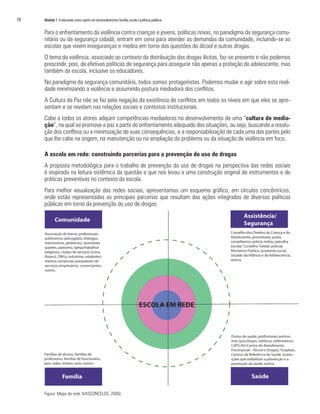 78	 Módulo 1 O educando como sujeito em desenvolvimento:família,escola e políticas públicas
Para o enfrentamento da violência contra crianças e jovens, políticas novas, no paradigma da segurança comu-
nitária ou da segurança cidadã, entram em cena para atender as demandas da comunidade, incluindo-se as
escolas que vivem inseguranças e medos em torno das questões do álcool e outras drogas.
O tema da violência, associado ao contexto da distribuição das drogas ilícitas, faz-se presente e não podemos
prescindir, pois, de efetivas políticas de segurança para assegurar não apenas a proteção do adolescente, mas
também da escola, inclusive os educadores.
No paradigma da segurança comunitária, todos somos protagonistas. Podemos mudar e agir sobre esta reali-
dade minimizando a violência e assumindo postura mediadora dos conflitos.
A Cultura da Paz não se faz pela negação da existência de conflitos em todos os níveis em que eles se apre-
sentam e se revelam nas relações sociais e contextos institucionais.
Cabe a todos os atores adquirir competências mediadoras no desenvolvimento de uma “cultura de media-
ção”, na qual se promove a paz a partir do enfrentamento adequado das situações, ou seja, buscando a resolu-
ção dos conflitos ou a minimização de suas consequências, e a responsabilização de cada uma das partes pelo
que lhe cabe na origem, na manutenção ou na ampliação do problema ou da situação de violência em foco.
A escola em rede: construindo parcerias para a prevenção do uso de drogas
A proposta metodológica para o trabalho de prevenção do uso de drogas na perspectiva das redes sociais
é inspirada na leitura sistêmica da questão e que nos levou a uma construção original de instrumentos e de
práticas preventivas no contexto da escola.
Para melhor visualização das redes sociais, apresentamos um esquema gráfico, em círculos concêntricos,
onde estão representadas as principais parcerias que resultam das ações integradas de diversas políticas
públicas em torno da prevenção do uso de drogas.
Figura: Mapa da rede (VASCONCELOS, 2008).
 
