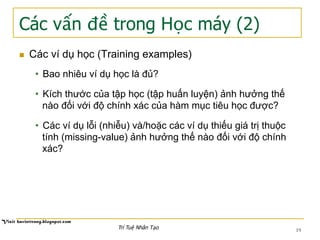 Các vấn đề trong Học máy (2)
19
n  Các ví dụ học (Training examples)
•  Bao nhiêu ví dụ học là đủ?
•  Kích thước của tập học (tập huấn luyện) ảnh hưởng thế
nào đối với độ chính xác của hàm mục tiêu học được?
•  Các ví dụ lỗi (nhiễu) và/hoặc các ví dụ thiếu giá trị thuộc
tính (missing-value) ảnh hưởng thế nào đối với độ chính
xác?
Trí Tuệ Nhân Tạo
 