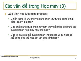 Các vấn đề trong Học máy (3)
20
n  Quá trình học (Learning process)
•  Chiến lược tối ưu cho việc lựa chọn thứ tự sử dụng (khai
thác) các ví dụ học?
•  Các chiến lược lựa chọn này làm thay đổi mức độ phức tạp
của bài toán học máy như thế nào?
•  Các tri thức cụ thể của bài toán (ngoài các ví dụ học) có
thể đóng góp thế nào đối với quá trình học?
Trí Tuệ Nhân Tạo
 