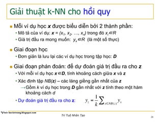 Giải thuật k-NN cho hồi quy
28
n  Mỗi ví dụ học x được biểu diễn bởi 2 thành phần:
• Mô tả của ví dụ: x = (x1, x2, …, xn) trong đó xi∈R
• Giá trị đầu ra mong muốn: yx∈R (là một số thực)
n  Giai đoạn học
• Đơn giản là lưu lại các ví dụ học trong tập học: D
n  Giai đoạn phán đoán: để dự đoán giá trị đầu ra cho z
• Với mỗi ví dụ học x∈D, tính khoảng cách giữa x và z
• Xác định tập NB(z) – các láng giềng gần nhất của z
→ Gồm k ví dụ học trong D gần nhất với z tính theo một hàm
khoảng cách d
• Dự đoán giá trị đầu ra cho z: yz =
1
k
yxx∈NB(z)
∑
Trí Tuệ Nhân Tạo
 