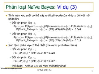 Phân loại Naïve Bayes: Ví dụ (3)
n  Tính toán xác suất có thể xảy ra (likelihood) của ví dụ z đối với mỗi
phân lớp
•  Đối với phân lớp c1
P(z|c1) = P(Age=Young|c1).P(Income=Medium|c1).P(Student=Yes|c1).
P(Credit_Rating=Fair|c1) = (2/9).(4/9).(6/9).(6/9) = 0.044
•  Đối với phân lớp c2
P(z|c2) = P(Age=Young|c2).P(Income=Medium|c2).P(Student=Yes|c2).
P(Credit_Rating=Fair|c2) = (3/5).(2/5).(1/5).(2/5) = 0.019
n  Xác định phân lớp có thể nhất (the most probable class)
•  Đối với phân lớp c1
P(c1).P(z|c1) = (9/14).(0.044) = 0.028
•  Đối với phân lớp c2
P(c2).P(z|c2) = (5/14).(0.019) = 0.007
→ Kết luận: Anh ta (z) sẽ mua một máy tính!
50
Trí Tuệ Nhân Tạo
 