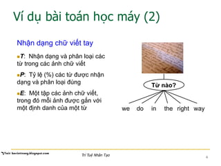 Ví dụ bài toán học máy (2)
Nhận dạng chữ viết tay
n T: Nhận dạng và phân loại các
từ trong các ảnh chữ viết
n P: Tỷ lệ (%) các từ được nhận
dạng và phân loại đúng
n E: Một tập các ảnh chữ viết,
trong đó mỗi ảnh được gắn với
một định danh của một từ
Từ nào?
rightdo in waywe the
6Trí Tuệ Nhân Tạo
 