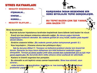 STRES KAYNAKLARI NEGATİF DÜŞÜNCELER… PİŞMANLIK… ENDİŞE…. KORKU….  NEGATİF OLAYLAR … Stres durumunda;  Beyinde bulunan hipotalamus tarafından başlatılmak üzere böbrek üstü bezleri ile vücut: Enerji için kan dolaşım sistemine adrenalin sağlar.  Bu durum yoğun biçimde  magnezyum  kullanımı demektir. Bu nedenle günlük bir avuç fındık, badem yada kepekli ekmek tüketin. Sindirim sistemini kilitler.  (Bu nedenle yemek yerken tartışmamak gerekir    ) Kanı koyulaştırır.  ( Kanama olunca kan pıhtılaşsın diye.) İşte bu duruma dikkat !!!. Tansiyon ve kollestrol problemi olanlar için önemli bir durum. Damarlar bu koyu kanın dolaşması için kötü kollestrol nedeniyle uygun olmayabilir. Tavsiye  ya stresi azaltın  yada  stres anında kanı sulandırmak için su için  veya  yarım aspirin alın.  Bu durumda derin nefes almanız stresi azaltacak bir aktivitedir.  Kaslara ve önemli organlara kan pompalar. Bu otomatik ve ani tepkinin amacı zaman kazanmaktır.  Stres kısa sürmeli, uzun sürerse ; -mide bulantısı, cilt bozuklukları, baş ağrısı ve  kas tutulması vs.. Çeşitli fiziksel problemler yapar. KARŞISINDA İNSAN BEDENİNDE BİR SÜRÜ BİYOLOJİK TEPKİ GERÇEKLEŞİR.  BU TEPKİ BAZEN ÇOK İŞE YARAR  AMA BAZEN ??? 