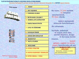 İLGİ DUYDUĞUNUZ KONUYU SEÇEREK İNCELEYEBİLİRSİNİZ.  Sununun herhangi bir yerinde menüye dönmek isterseniz klavyeden  3  ve  ENTER  tuşuna basınız. 1-   HEDEF   2-  ANI YAŞAMAK   3-  FARKINDA OLMAK   13- STRES YÖNETİMİ   4-  BEYİN NASIL ÇALIŞIR ? 5-  SEMBOLLER ÇAĞRIŞTIRIR   6-  ENERJİ MANYETİKTİR   14- NEFES EGZERSİZİ- TEKNİKLER   7-  UYKU VE ÖĞRENME   8-  DURUŞUN ÖNEMİ   9-  SORUN BİR SONUÇTUR 10-  MANEVİYAT   11-  MUTLU OLMAK   12-  BESLENME   KONULAR ANA MENÜ RAHATLAMA BÖLÜMÜ Komutlar, müzik ve sesler  sizi rahatlatacaktır  15- SPOR- MASAJ – YOGA   Bu sunu;   15.200  sayfalık   52   kitaptan yararlanılarak,   80 slayt   olarak,   sadece paylaşmak amacıyla hazırlanmıştır. Bu çalışmada;  biyolojik, psikolojik  ve sosyal yönü olan,  sürekli düşünce, duygu  ve davranış üreten insanın,  kişisel gelişim, sağlıklı ve mutlu yaşam   konularında çok şey öğrenebileceğinizi biliyorum. Konu seçiniz Hayatınızın Yönünü ve Yolunu  Bulmanızı Sağlar 