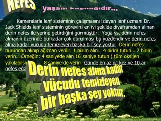 NEFES Kameralarla lenf sisteminin çalışmasını izleyen lenf uzmanı Dr. Jack Shields lenf sisteminin görevini en iyi şekilde diyaframdan alınan derin nefes ile yerine getirdiğini görmüştür.  Yoga vs. derin nefes almanın üzerinde bu kadar çok durulması bu yüzdendir ve  derin nefes alma kadar vücudu temizleyen başka bir şey yoktur .   Derin nefes burundan alınıp ağızdan verilir. 1 birim alın… 4 birim tutun… 2 birim verin… Örneğin: 4 saniyede alın 16 saniye tutun ( tüm oksijen yakılabilsin)  8 saniye de verin.  Günde en az üç kez ve 10 ar nefes egzersizi  yapmanız yeterli bir başlangıçtır. yaşam kaynağıdır... Derin nefes alma kadar vücudu temizleyen bir başka şey yoktur. 