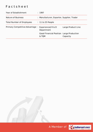 F a c t s h e e t 
Year of Establishment : 1997 
Nature of Business : Manufacturer, Exporter, Supplier, Trader 
Total Number of Employees : 11 to 25 People 
Primary Competitive Advantage : Experienced R & D 
Department 
Large Product Line 
Good Financial Position 
& TQM 
Large Production 
Capacity 
A Member of 
 