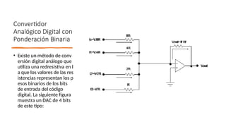 Convertidor
Analógico Digital con
Ponderación Binaria
• Existe un método de conv
ersión digital análogo que
utiliza una redresistiva en l
a que los valores de las res
istencias representan los p
esos binarios de los bits
de entrada del código
digital. La siguiente figura
muestra un DAC de 4 bits
de este tipo:
 
