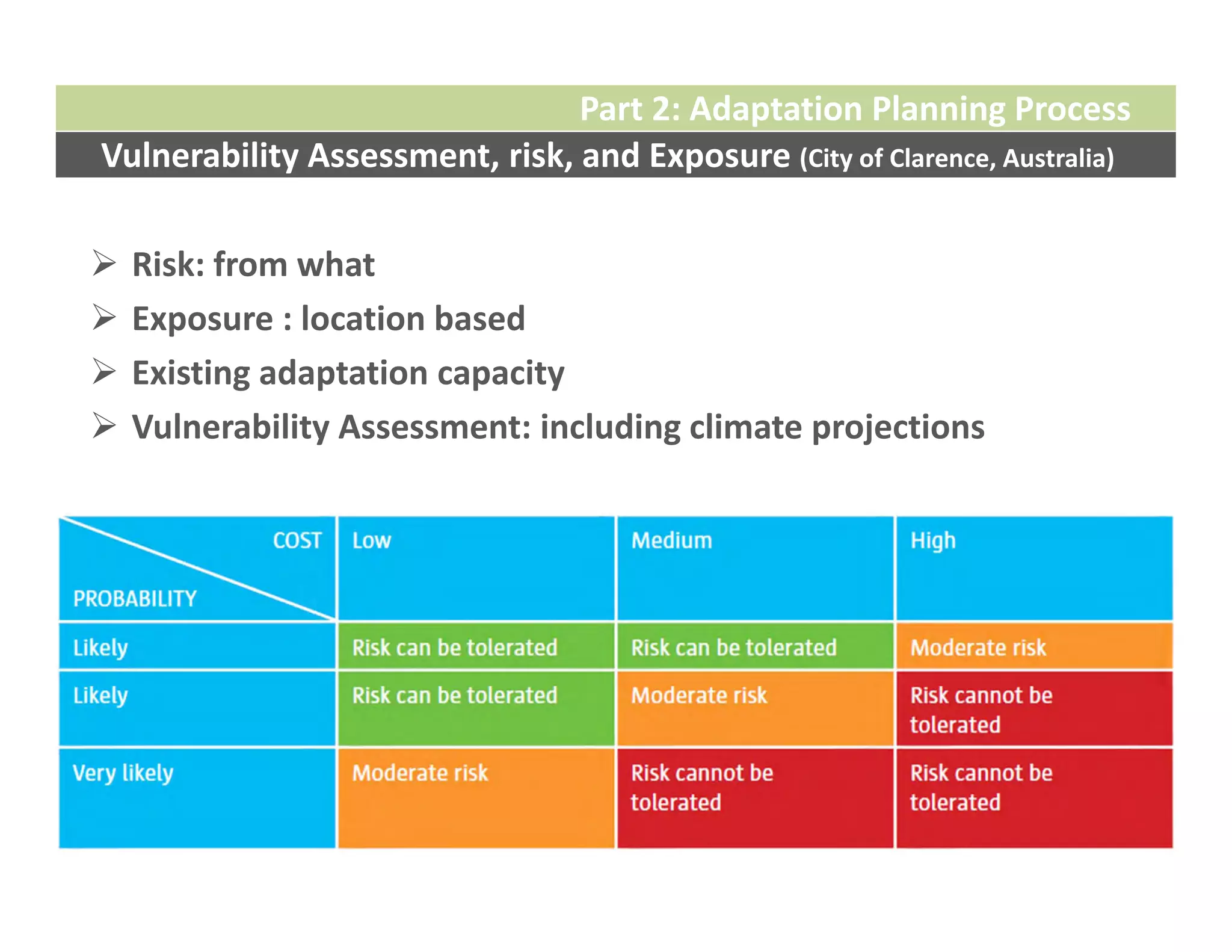Part 2: Adaptation Planning Process
Vulnerability Assessment, risk, and Exposure (City of Clarence, Australia)

   Risk: from what
   Exposure : location based
   Existing adaptation capacity
   Vulnerability Assessment: including climate projections
 